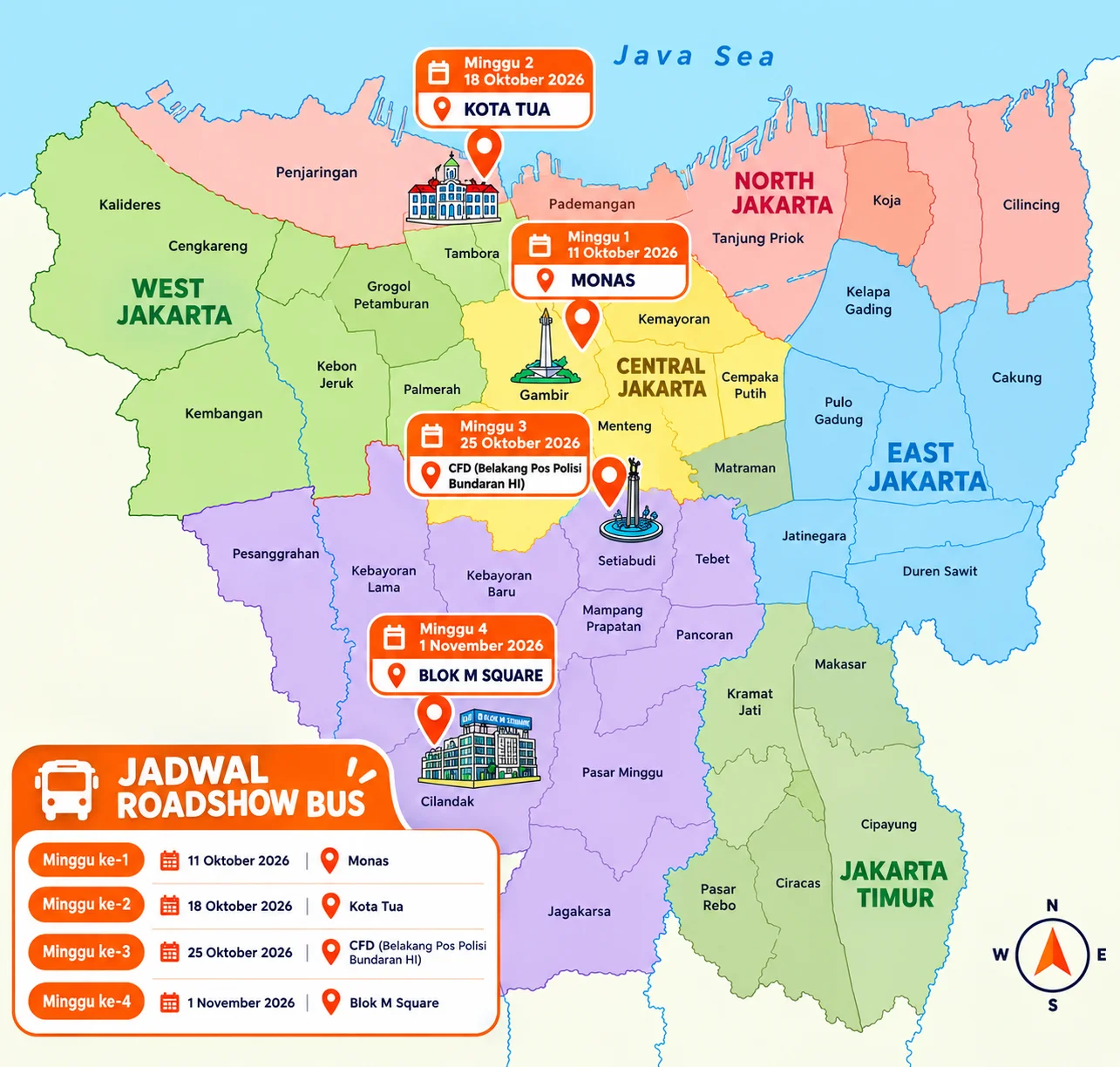 Peta rute roadshow bus: Monas 11 Oktober, Kota Tua 18 Oktober, CFD Bundaran HI 25 Oktober, dan Blok M Square 1 November 2026